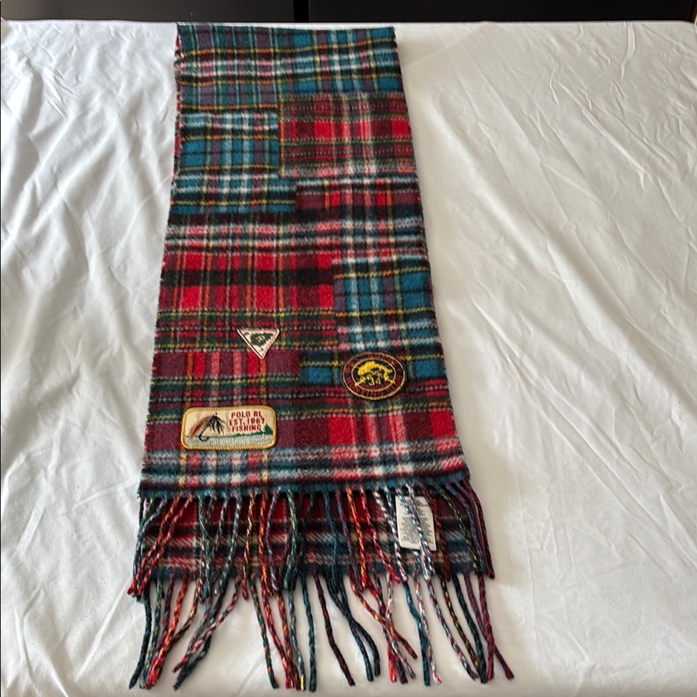 Polo Ralph ITALY Lauren Red Blue WOOL BLEND Plaid FISHING HUNTING PATCHES SCARF - Picture 5 of 12
